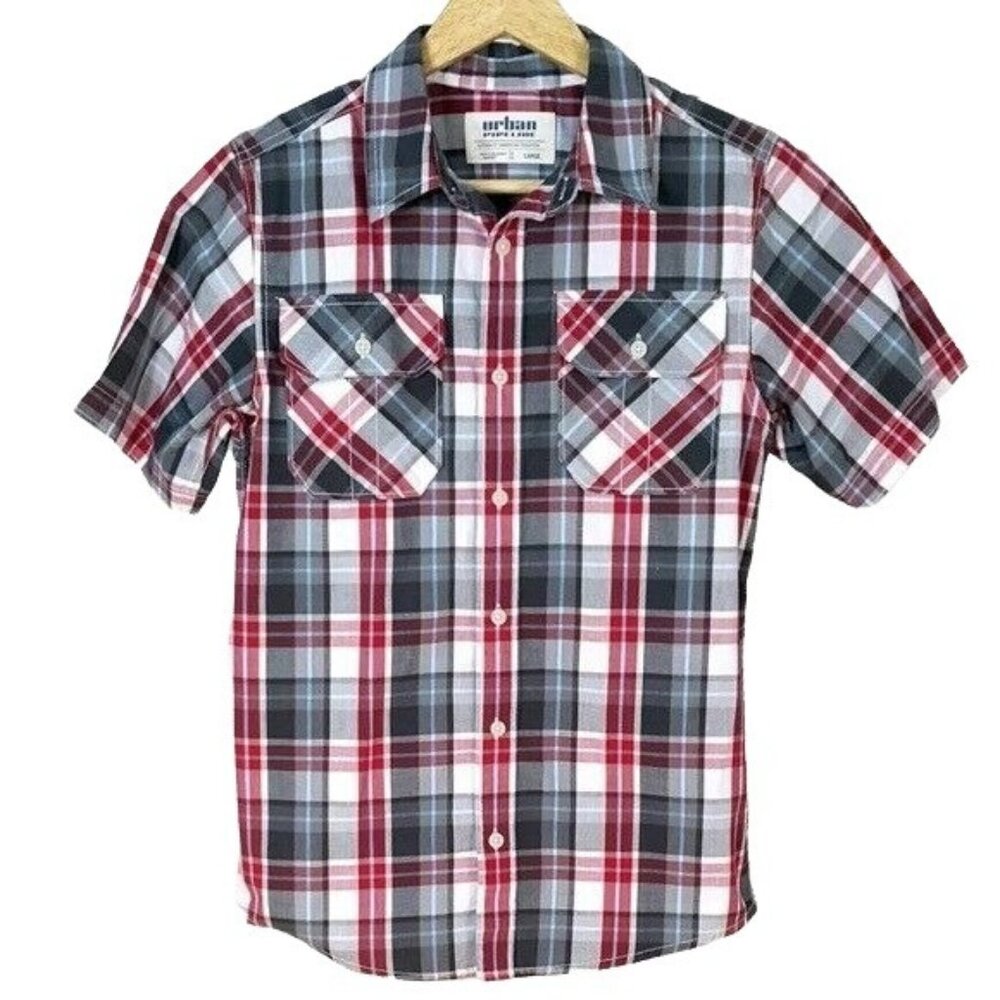 Urban Pipeline Boys Plaid Button Shirt Red Gray Large Short Sleeve Pockets